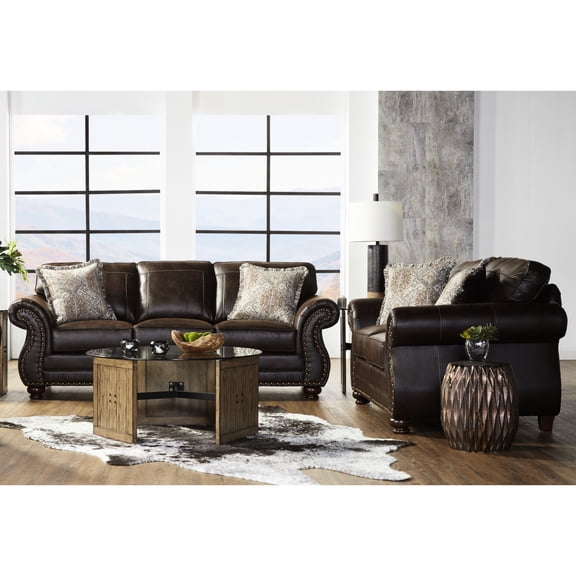 Faux Leather Upholstered And , Deep Upholstery, Transitional With Nailhead Trim Accent Pillows Included & , , Style
