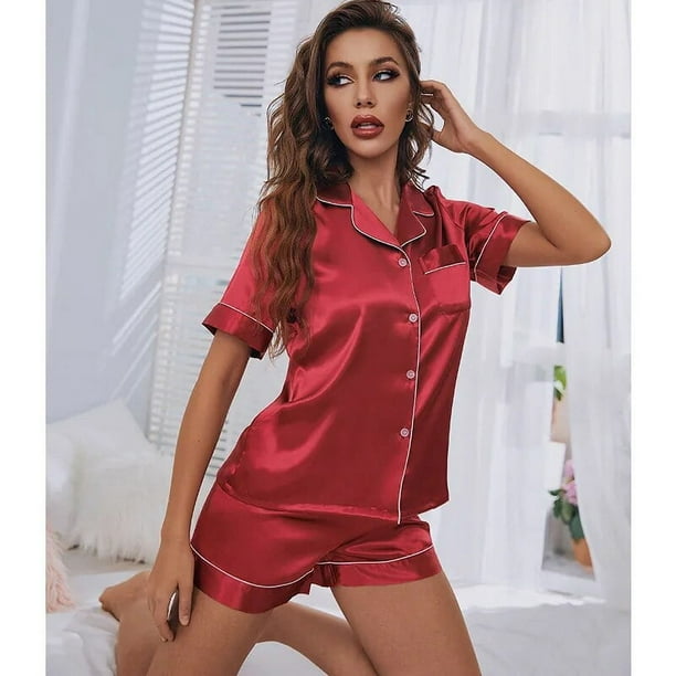 Pijama de saten de seda para mujer conjunto de pijama de dos piezas de manga corta ropa de dormir con botones Walmart en linea