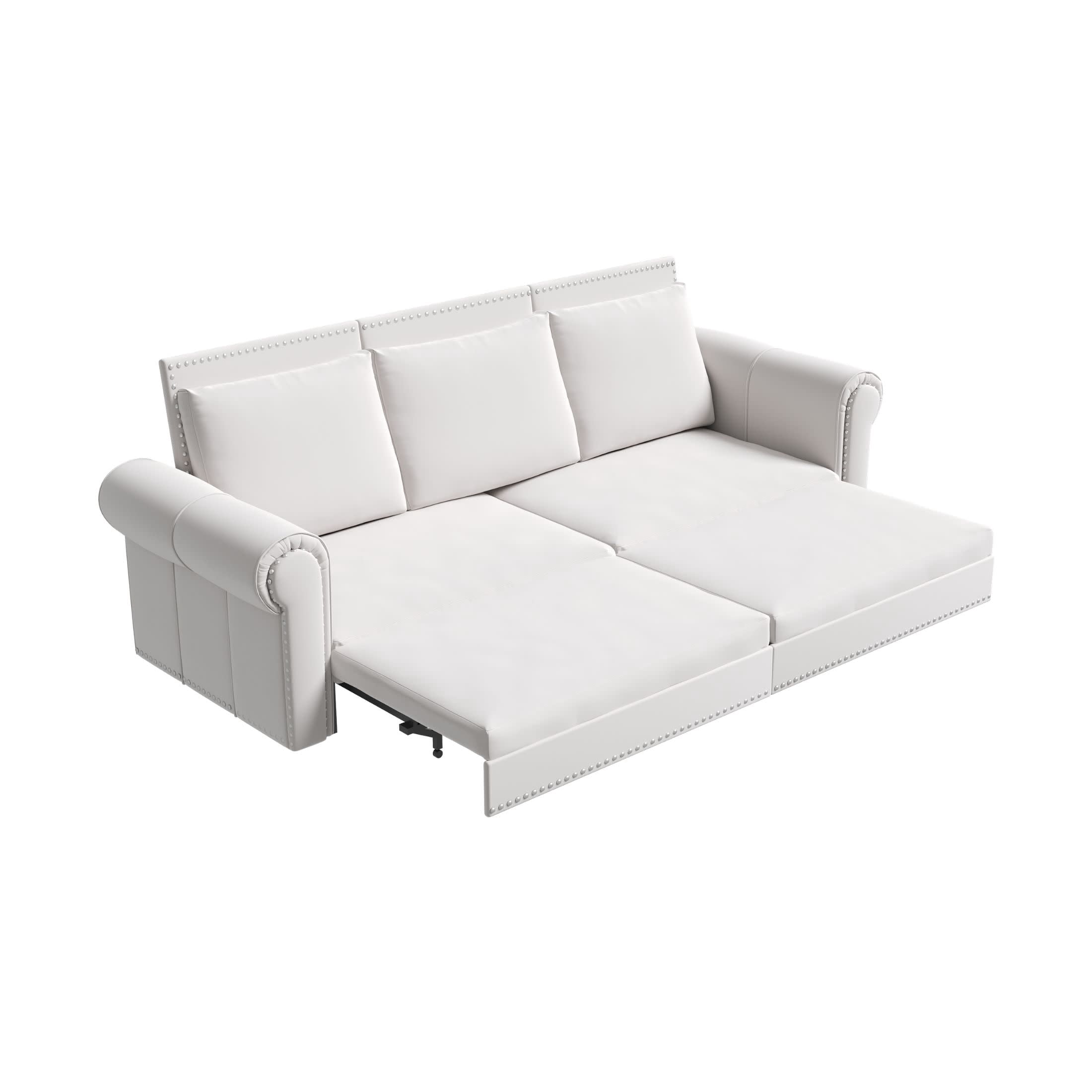Noble House Lexair Velvet Chesterfield Pull Out Sofa Bed, 3-in-1 King Sleeper Couch with Nailheads & Rolled Arm, Beige White