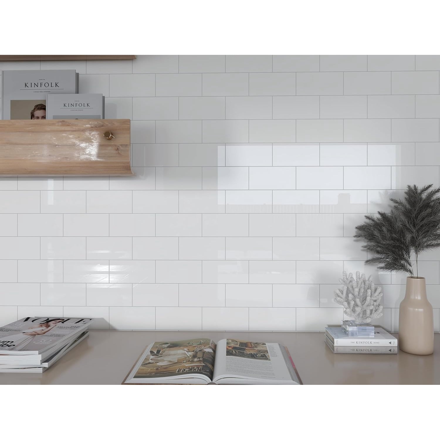 10 Sheet Peel and Stick Backsplash,12”x12”Pure White Subway Tile for Kitchen Wall,Self Adhesive Glossy Faux Marble Tile,Stick on Accent Wall Backsplash Tile for Living Room, Bedroom,RV