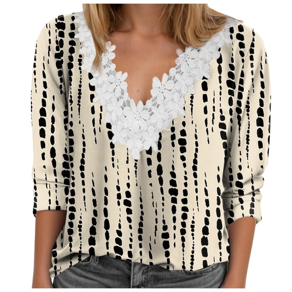 Towmus T Shirts for Women V neck 3/4 Sleeve Dressy Blouse Floral Print Tops Dressy Casual Pleated Elbow Sleeve Tees