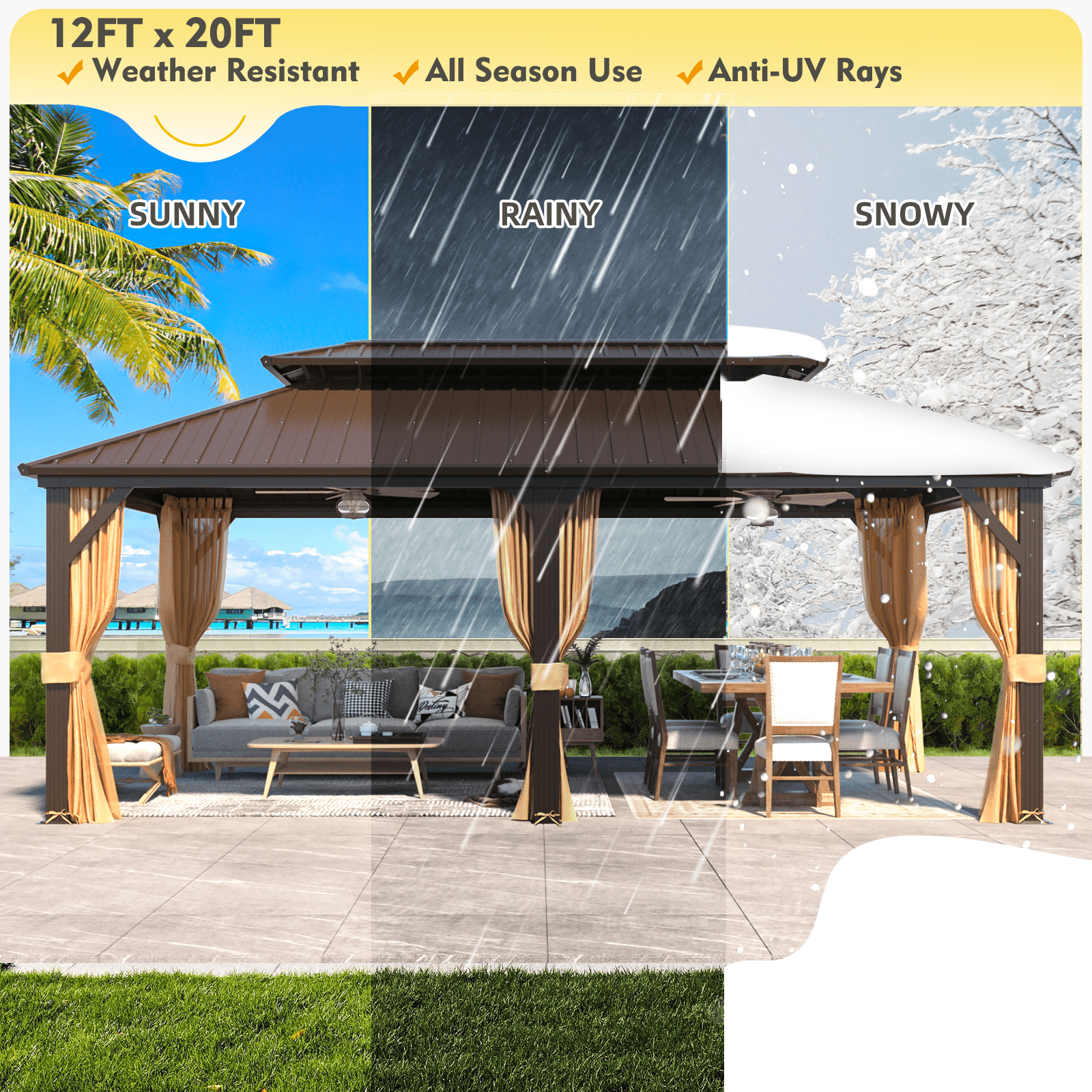 Hommow 12' x 20' Hardtop Gazebo Aluminum Frame Gazebo with Galvanized Steel Double Roof