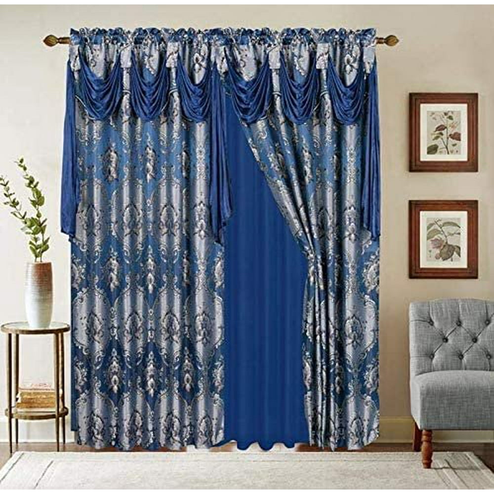 Jacquard Window 84 Inch Length Curtain Drapes w/attached Valance Scarf