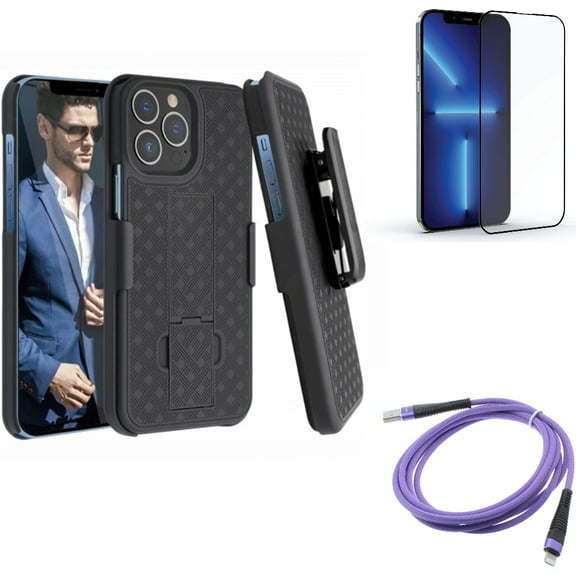 Case Belt Clip & 6ft USB Cable & Screen Protector for iPhone 13 Pro Max ONLY - Holster Swivel Cover   Purple Charger Cord Power   Anti-Glare Tempered Glass Matte Combo