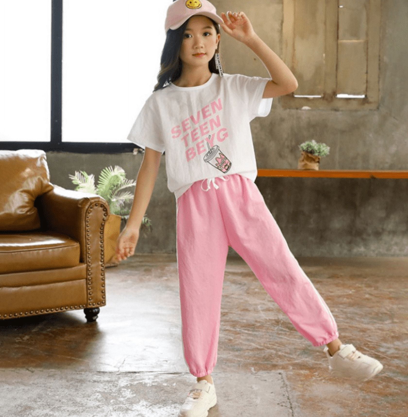 Pink 130cm new Korean style girls' suit short-sleeved T-shirt