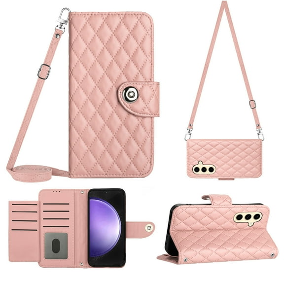 Crossbody Wallet Case for Samsung S23 FE RFID Blocking Elegant Premium Leather Purse with Credit Card Holder, Shoulder Strap Kickstand Handbag Flip Cover for Samsung Galaxy S23 FE, Coralpink