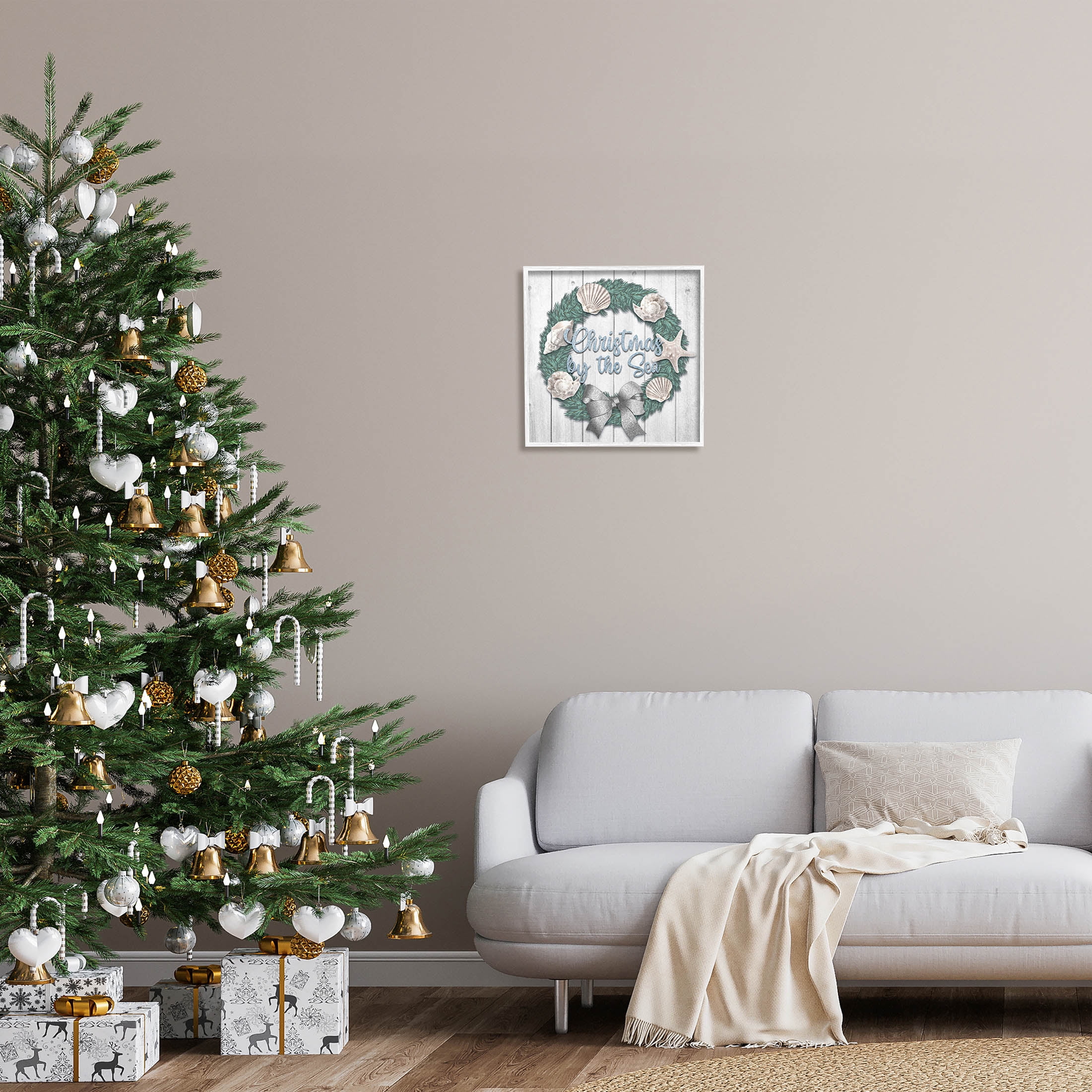 Stupell Industries Christmas By The Sea Nautical Wreath Graphic Art White Framed Art Print Wall Art, Design by Marcus Prime