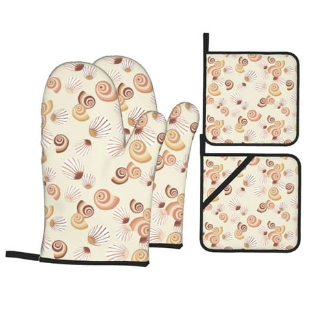 

Oven Mitts and Pot Holders Sets 4 pcs - abstract shells Heat Resistant Silicone Oven Gloves with Non-Slip Silicone Surface and hot pads for kitchen Baking Cooking BBQ