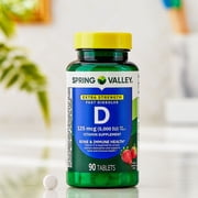(3 pack) Spring Valley Extra Strength Vitamin D3, 125 mcg (5,000 IU), 90 Count, Strawberry Flavor, Dietary Supplement Fast Dissolve Tablets