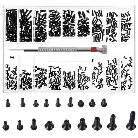 500 Pcs Tiny Screws Tiny Micro Repair Screw Kit M1.2/M1.4/M2.0 Small Replacement Screws Black Laptop Computer Electronic Screw Assortment Kit with Screwdriver for Glasses Watches