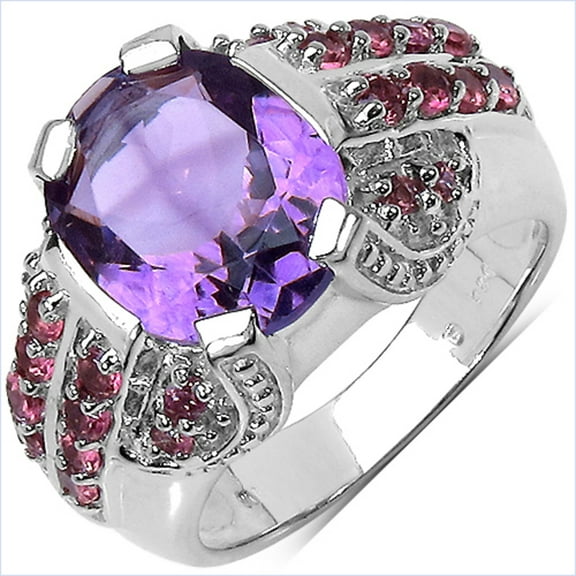 Genuine Oval Amethyst and Rhodolite Garnet Ring in Sterling Silver - Size 6.00