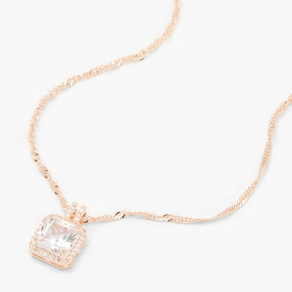 Claire's Rose Gold Cubic Zirconia Square Halo Pendant Necklace