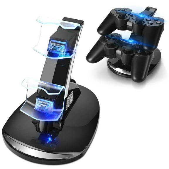 PS3 Controller Charger Stand for Sony Playstation 3 Controller Wireless Dualshock 3 Charging, 2 Tier Docking Station Stand and 2 USB PS3 Cable Compatible ports with LED Indicators, Slim Black