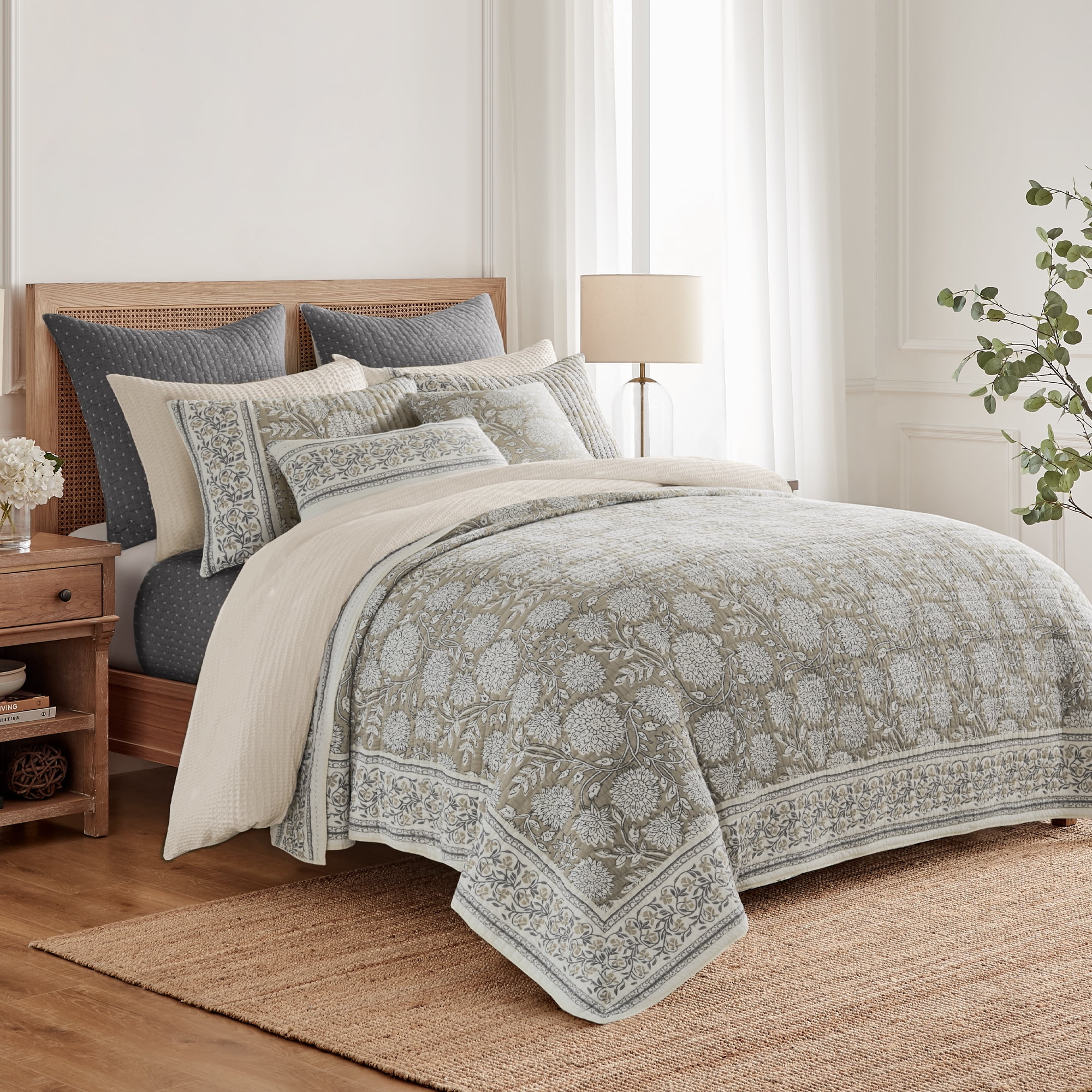 Levtex Home - Adare Taupe Quilt Set - Full/Queen Quilt and Two Standard Shams - Bordered Floral - Taupe, Grey and Cream - Quilt (88x92in.) and Shams (20x26in.) - Reversible - Cotton