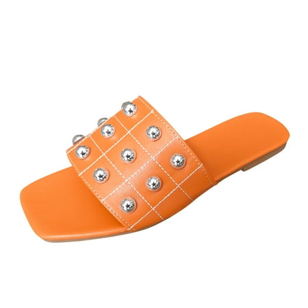 

Youmylove Women Slide Slippers Fashion Summer Solid Color Leather Open Toe Square Head Metal Decorative Flat Beach Slippers Leisure Ladies Cozy Daily Walking