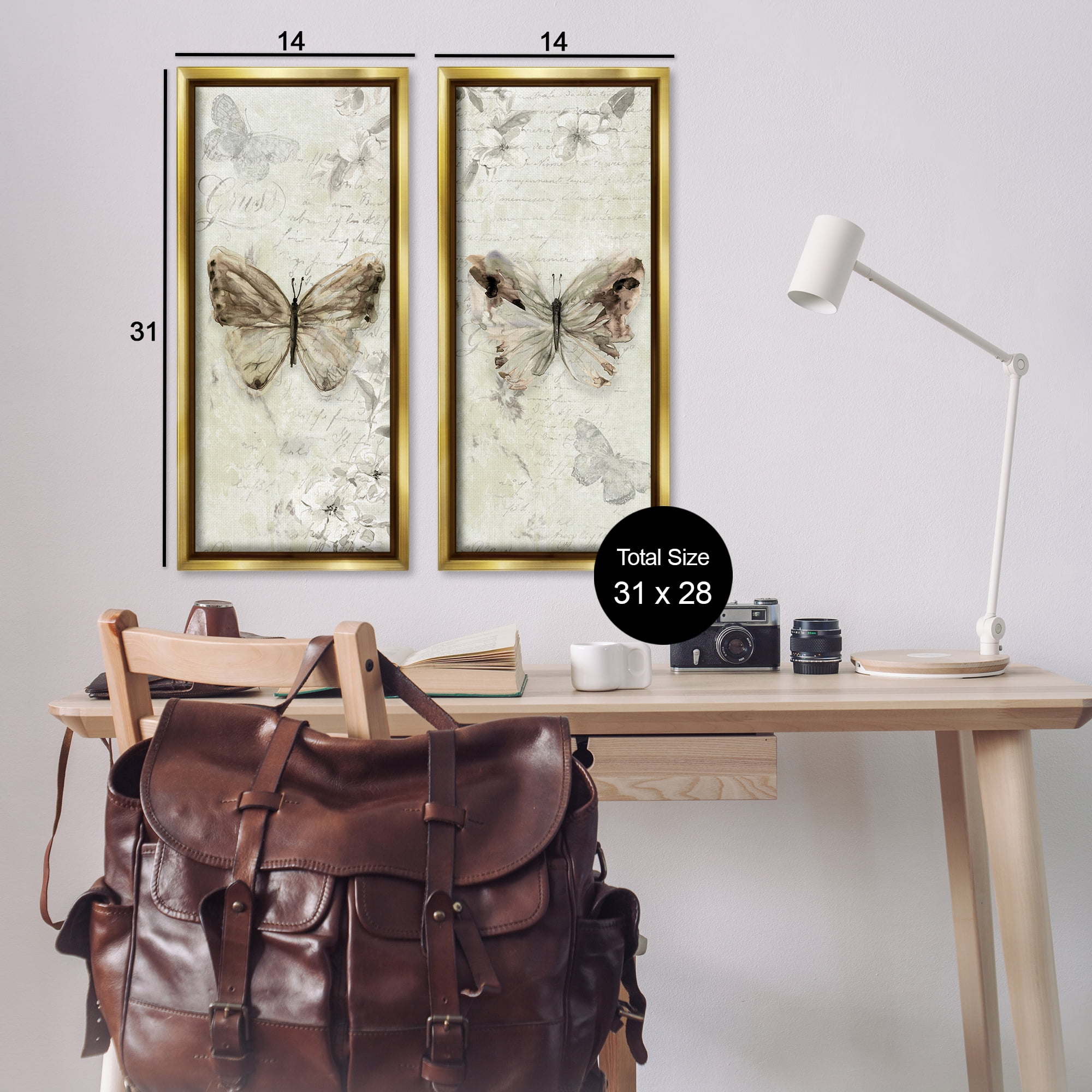 Stupell Industries Vintage Butterfly Scrapbook Page Animals Painting Gold Floater Framed Canvas Art Print Wall Art, 14 x 31, Set of 2