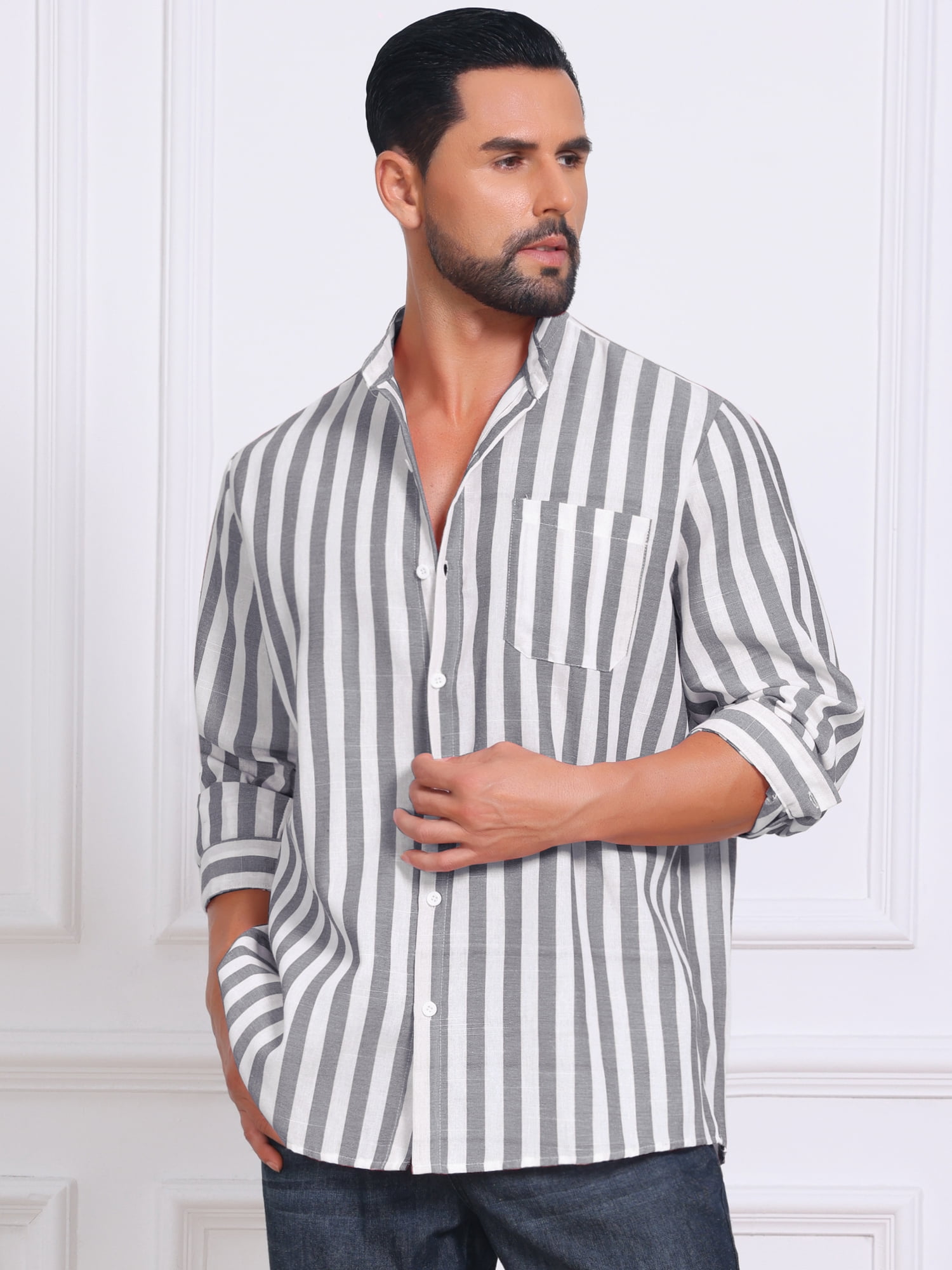 DARING DIVA Men's Striped Stand Collar Long Sleeve Button Down Shirt L Gray