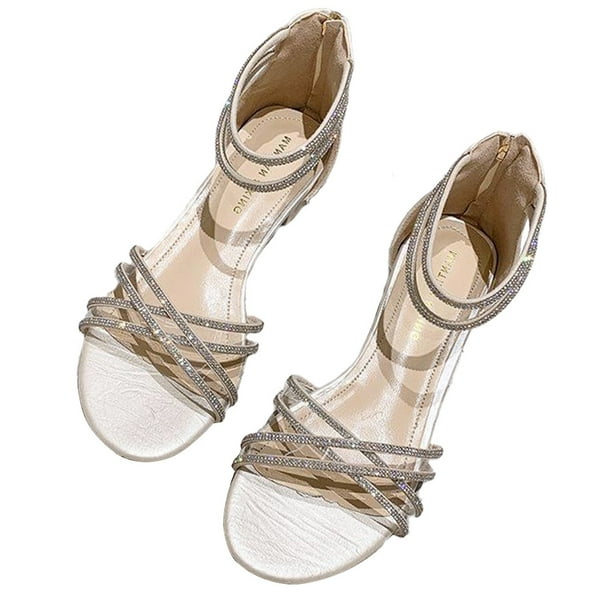 Sandalias de playa con tiras de diamantes de imitación, zapatos para caminar con punta abierta, sandalias de vestir para mujer