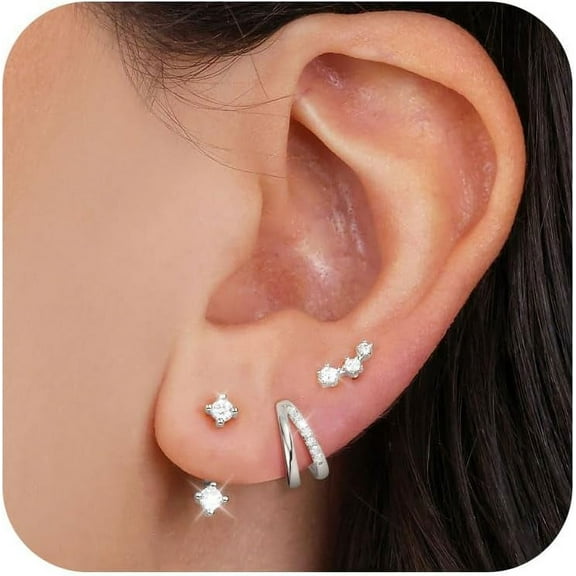 3 Pairs Hoop Earrings For Women 925 Sterling Silver Trendy 14K Gold Plated Huggie Earring Silver Hypoallergenic Stud Cartilage Earring Sets For Multiple Piercing Cute Small Jewelry Gift[Z2258]