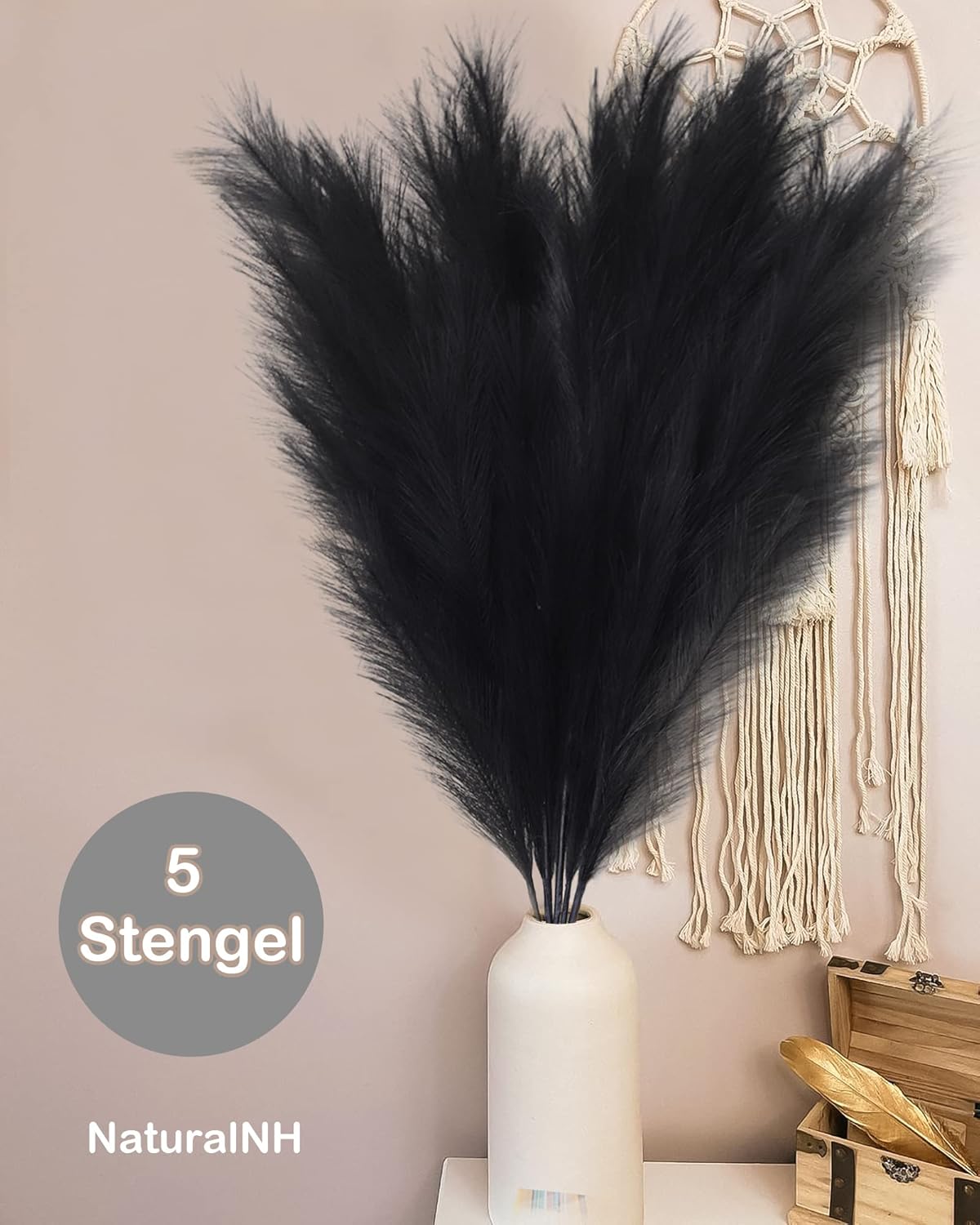 Decorative Pampas Grass, 5 Stems, 39 Inch/100cm, Artificial Pampas Grass Feathers, Dried Flowers, for Bohemian Style, Living Room, Bedroom and Vase Decoration (Black)