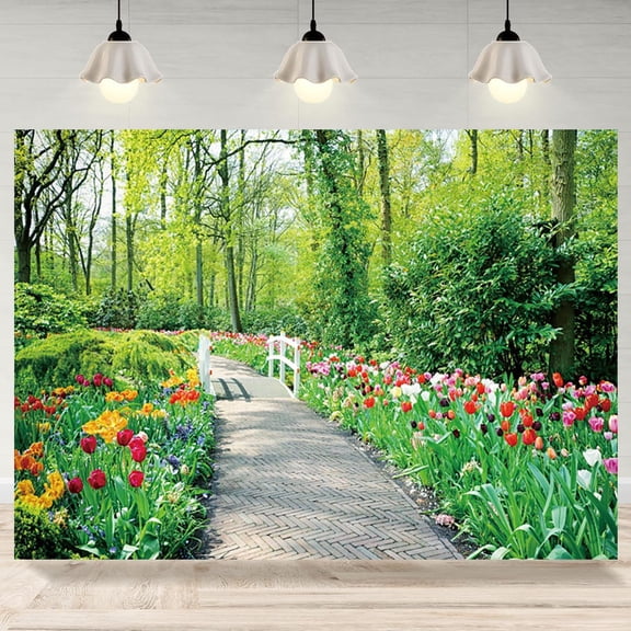 Spring Garden Backdrop Colorful Blooming Flowers Nature Scenery Photography Background Forest Path Trees Fences Birthday Wedding Party Decorations Banner Photo Booth Props
