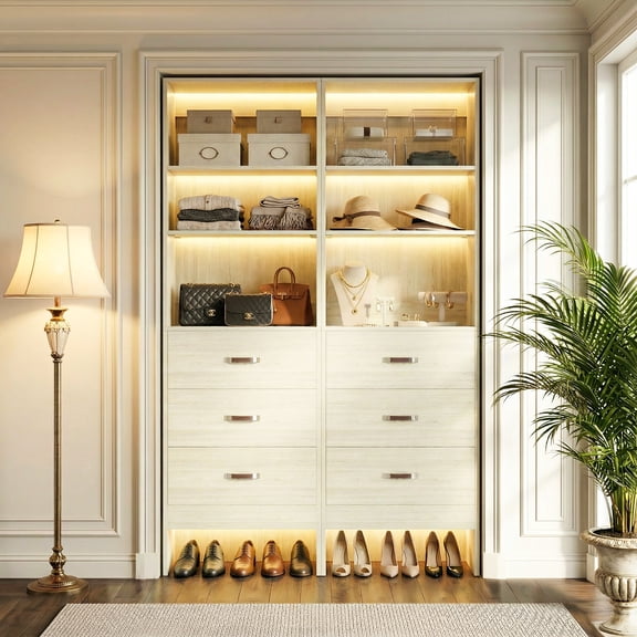 Aheaplus Twin Pack: 2x 96" Adjustable Closet Organizers with 6 Hanging Rods & 6 Wooden Drawers | Wall-Mounted System for Dual Spaces (5-8FT Each),White Oak