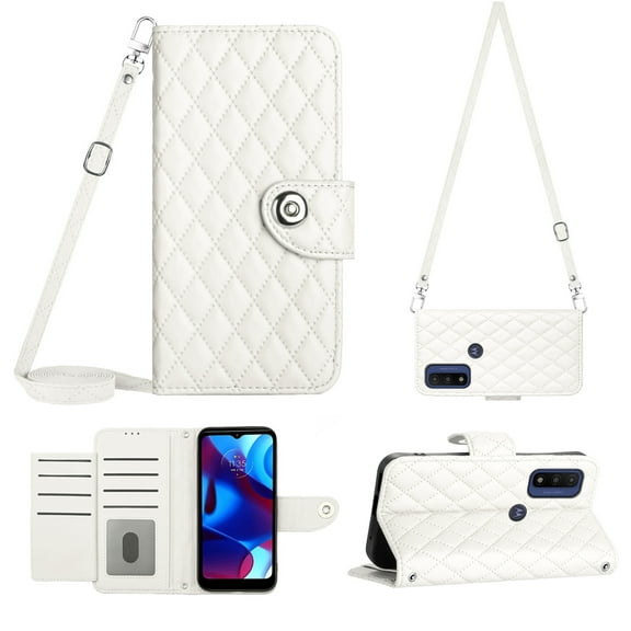 for Moto G Power 2022 Wallet Case RFID Blocking Card Slots Holder with Shoulder&Crossbody Strap, Magnetic Folio Kickstand Handbag Flip Phone Cover for Motorola Moto G Power 2022, White