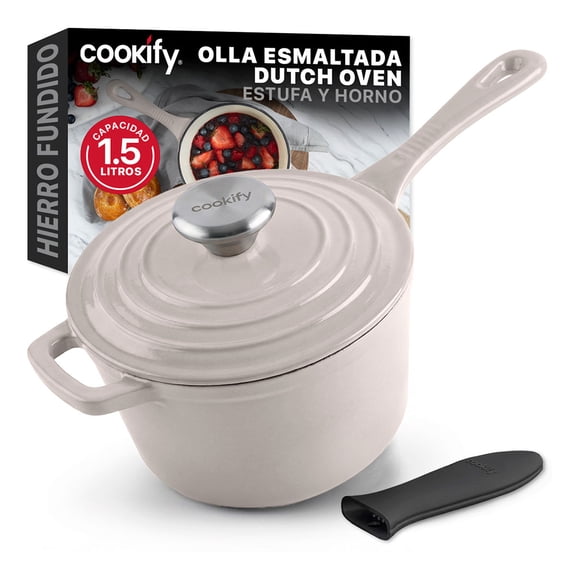Olla de Hierro Fundido Esmaltado para Horno y Estufa Cookify (Taupe, 17 cm, Capacidad 1.5 Litros)