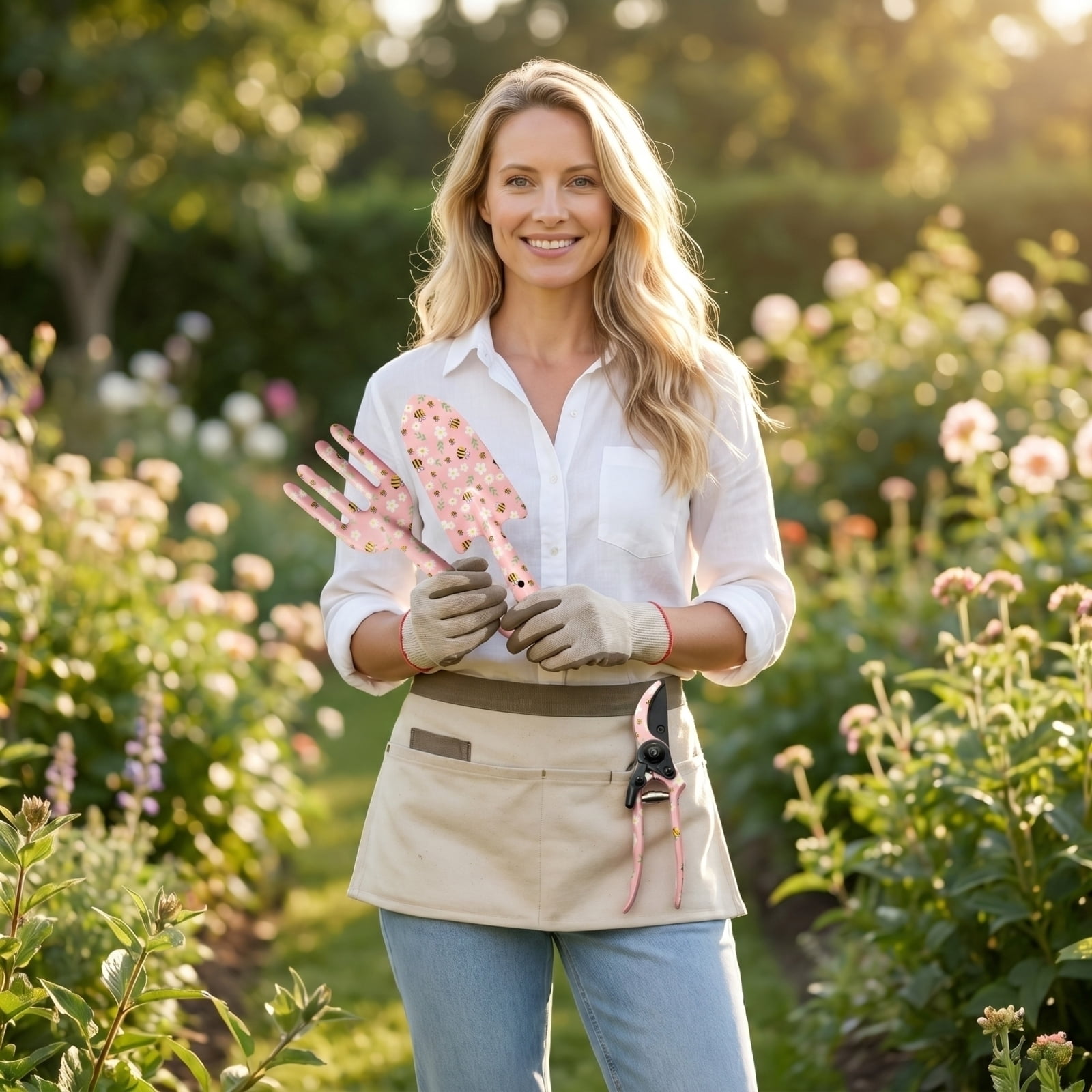 Garden Tools Set, 3 Piece Pink Floral Printed, for Outdoor Small Yard Flower Planting Gardening