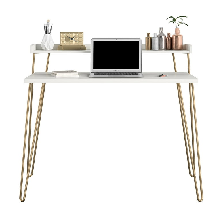 Mainstays Griffin Retro Computer Desk with Riser White with Gold