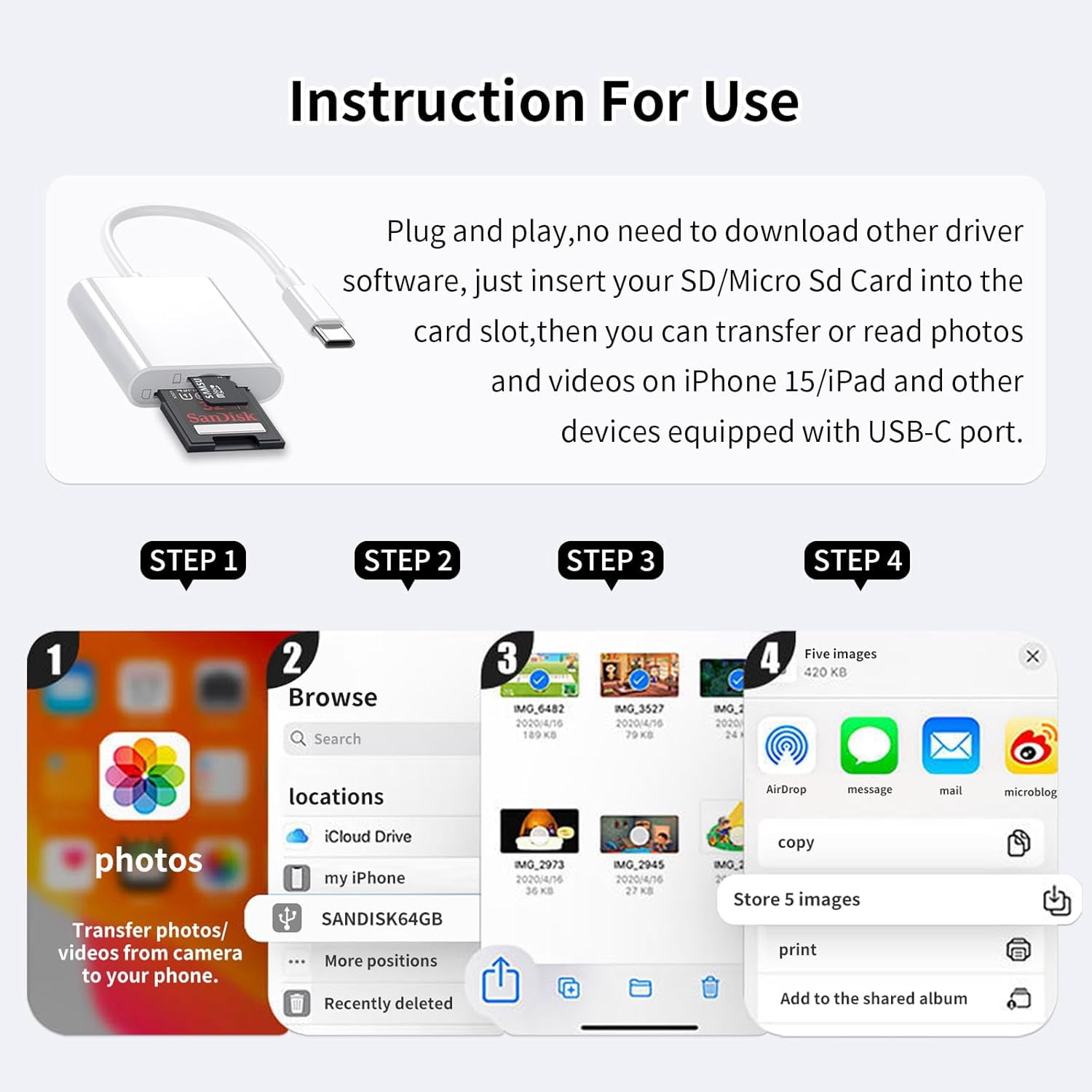 USB C SD Card Reader for iPhone 17/16/15 Series, USB-C to SD/Micro SD Memory Card Adapter for iPad/Mac Pro/Air, USBC/Type C Camera Card Reader for Phone, Laptop and More USBC Devices,Plug and Play