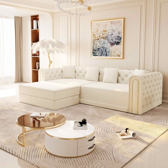 MAYEERTY 90.6" 3‑in‑1 Convertible Sleeper Sofa, Modern Velvet 3‑Seater Couch with Tufted & Gold Trim, Movable Ottoman, 4 Pillows Included