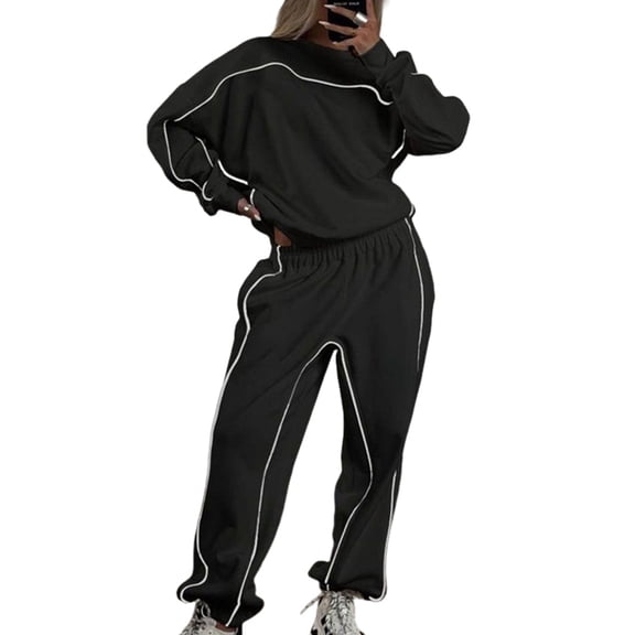 Women 2 Piece Lounge Sets Sweatsuit Fall Outfits Matching Wide Leg Pants Set Tracksuit Trendy Clothes Black XL