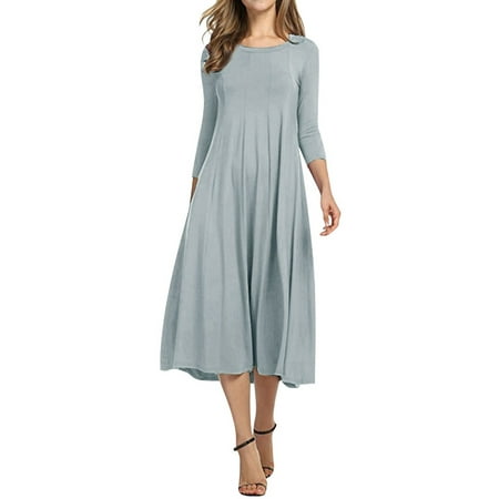 Nlife Women 3/4 Sleeve Round Neck Swing Midi Dress