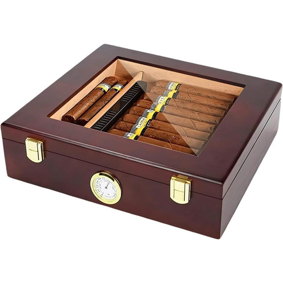 Handmade Cigar Humidor, Cedar Cigar Desktop Box with Humidifier and Hygrometer, Glass Top for 25 Cigars (20-25 Cigars)