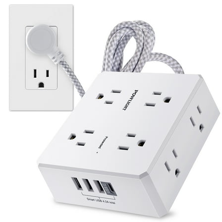 3-Sided Surge Protector Power Strip – 8 Wide Outlets, 4 USB (1 USB-C), 5FT Braided Extension Cord, 900 Joules, for Home & Office