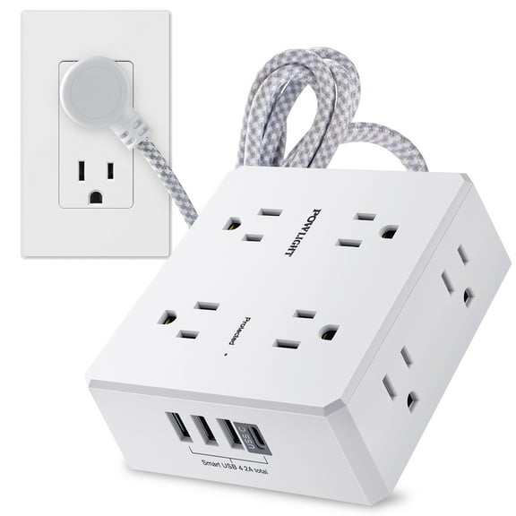 3-Sided Surge Protector Power Strip – 8 Wide Outlets, 4 USB (1 USB-C), 5FT Braided Extension Cord, 900 Joules, for Home & Office