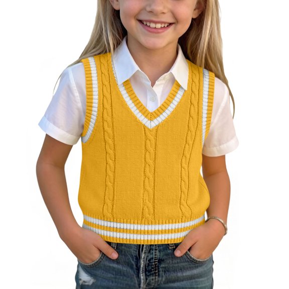 Kids V-Neck Knitted Vest, Solid Color Sweater Waistcoat, Warm Knitwear For Boys & Girls Yellow 90