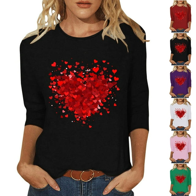 VKOYWKM T-Shirts Cœur d'Amour pour Femmes T-Shirts de la Saint-Valentin T-Shirts Imprimé Cœur d'Amour Manches 3/4 Col Rond T-Shirts de Fête Cadeaux de la Saint-Valentin