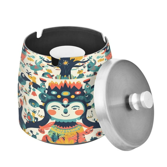 Ashtray with Lid for Cigarette, Stainless Steel Smokeless Odorless Windproof Ashtrays, for Home Office Tabletop Outside Patio Outdoor Balcony A Whimsical Pattern