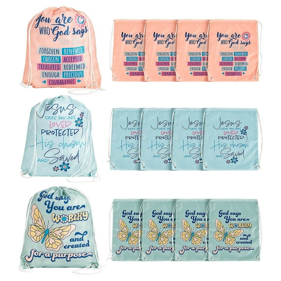 Fun Express God Says Drawstring Bags – Large 14" x 18" Durable Polyester Inspirational Christian Bags for Gifts Church Events Party Favors and Outreach Multicolor - 12 Pack