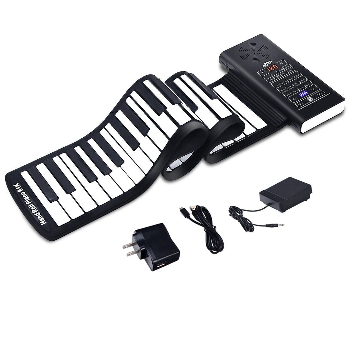 61 Key Electronic Roll Up Piano Keyboard Silicone Rechargeable w/Pedal Black