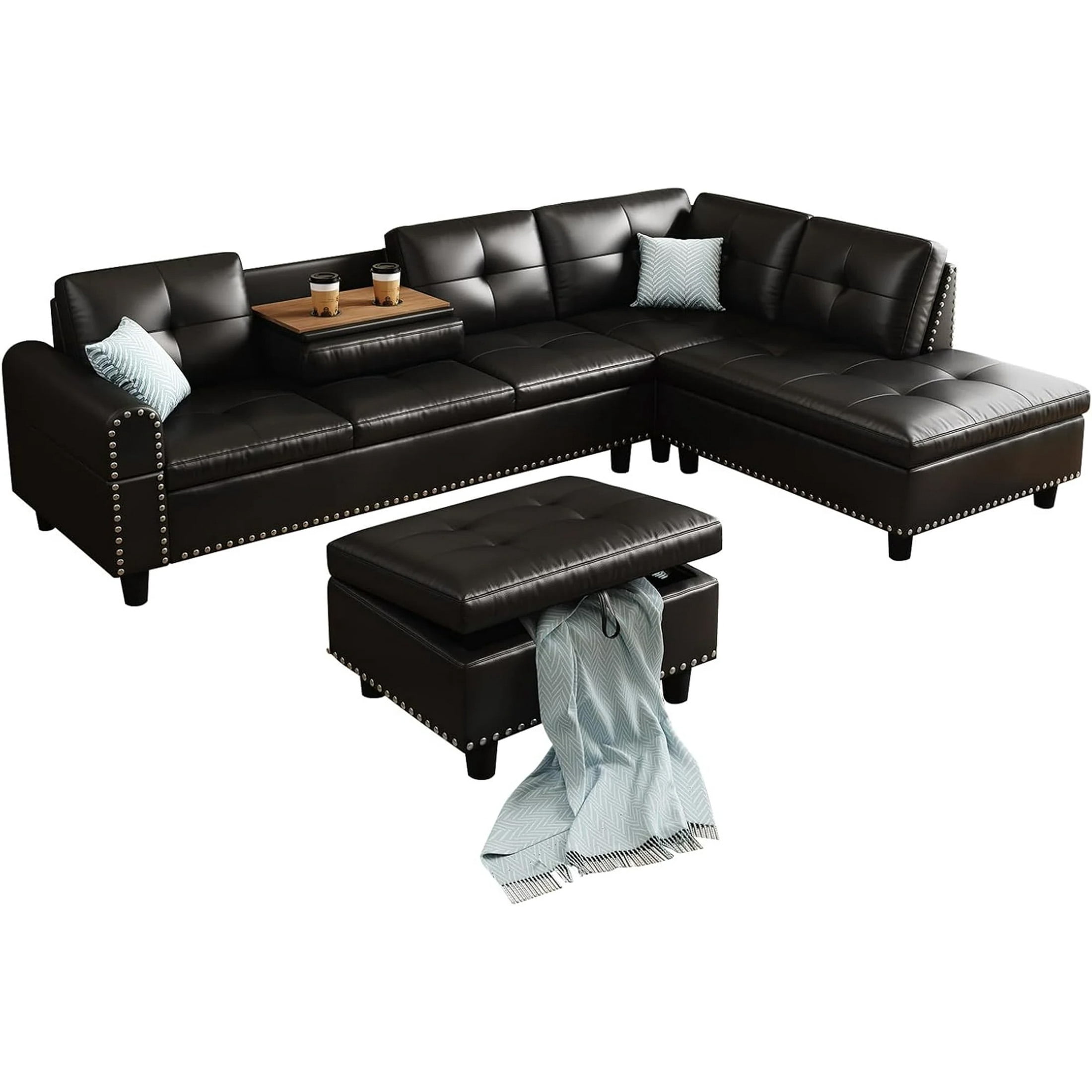 AENKYO 98" L-Shaped Sectional Sofa with Reversible Chaise, Storage Ottoman & Cup Holders, Faux Leather, Black