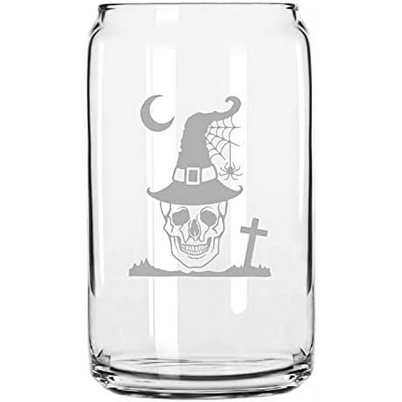 Spooky Skull Scene Happy Halloween Etched 16oz Libbey Can Glass