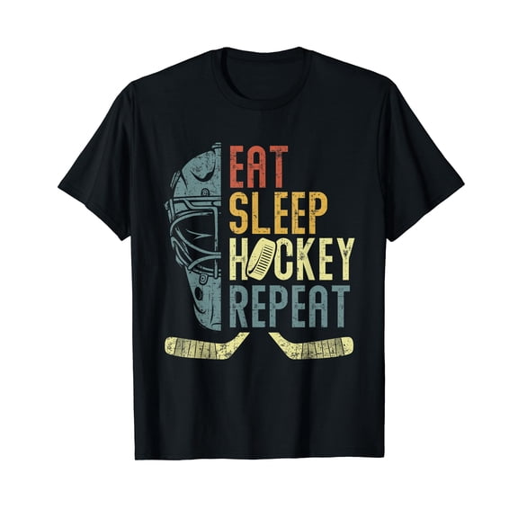 Eat Sleep Hockey Repeat Kids Adult Ice Hockey Retro Vintage T-Shirt Black