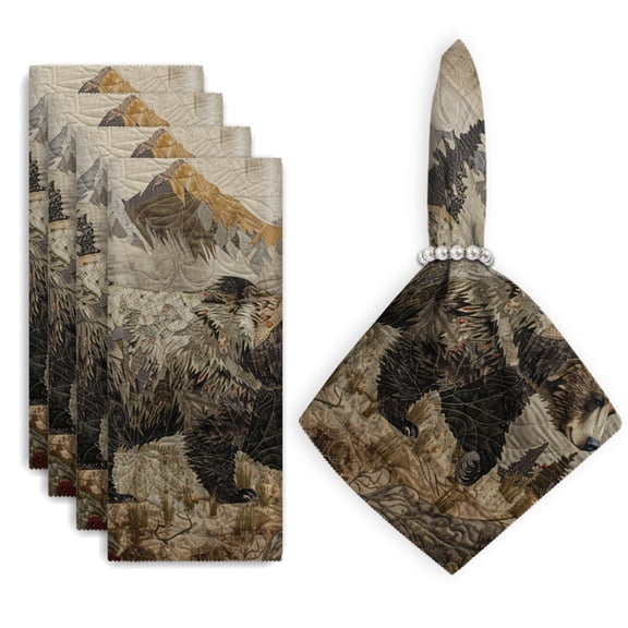 Bahomeck Cloth Napkins Set Of 4,18*18 Inch Washable Polyester Napkins Dining Table Napkins Weddings Party Dinner Parties(Bear Walking Through The Wilderness, Surrounded By Mountains And Forests)