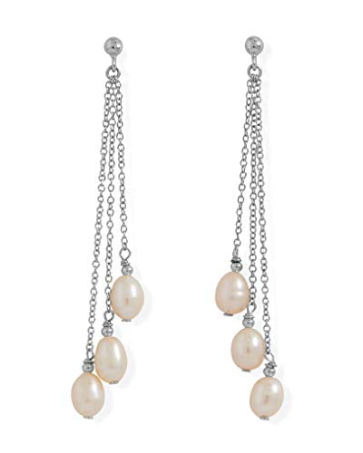 Triple Chain Drop Cultured Freshwater Pearl Dangle Earrings