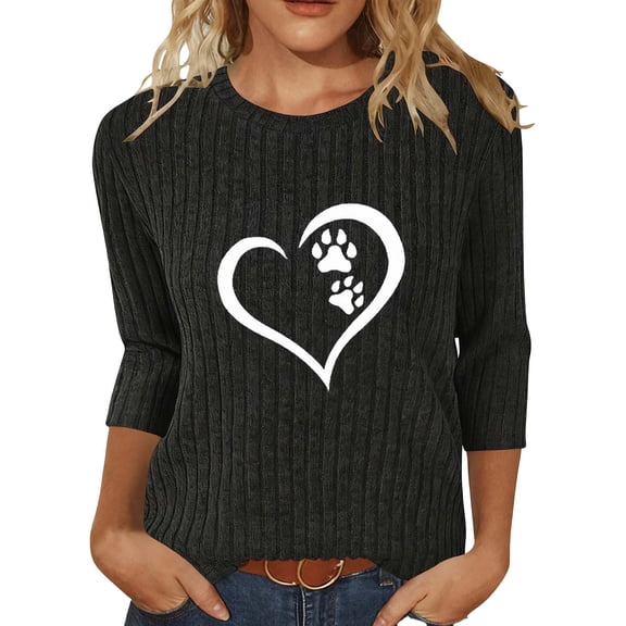HongQid 3/4 Length Sleeve Knit Women Sweaters Women's Love Heart Graphic Tops Round Neck Sweatshirt Loose Casual Blouses