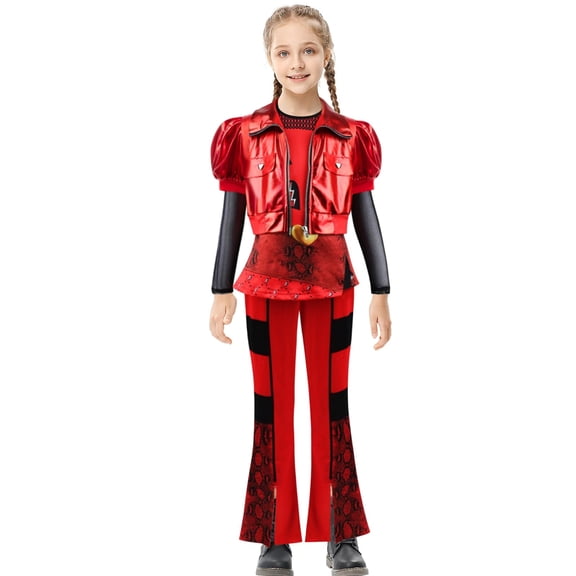 Kids Rise Red Costume Girls Short Sleeves Jacket Top Flared Pants Wig 4pcs Halloween Princess Dress up 5-15Y