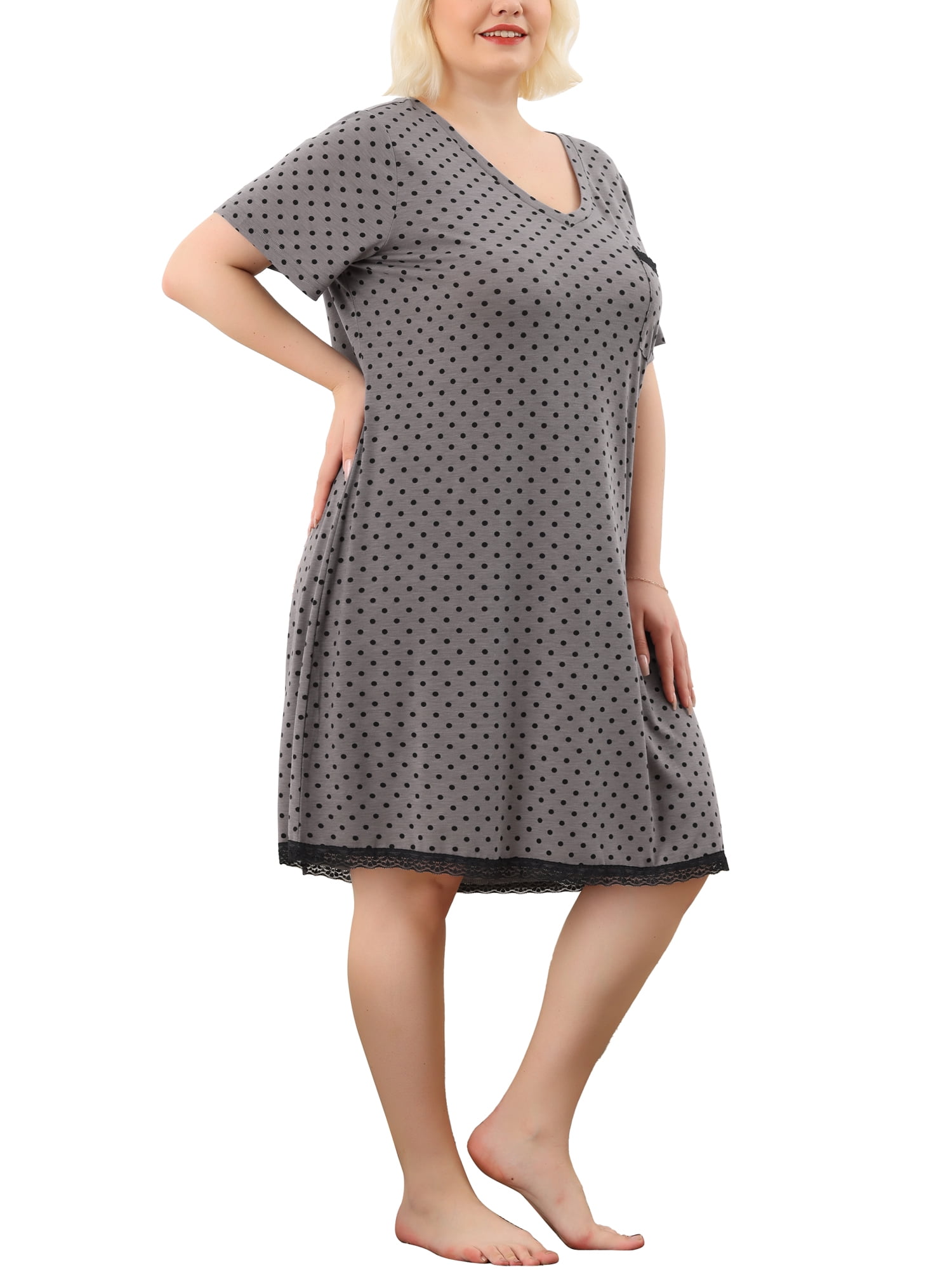 DARING DIVA Women's Plus Size Soft Short Sleeve Lace Trim Pajama Dress 3X Dark Gray